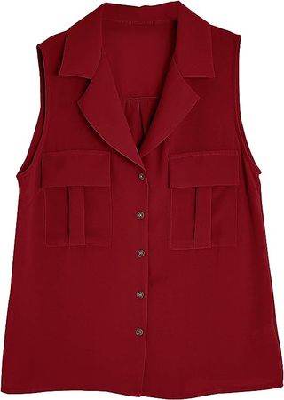 Womens Button Down Lapel Collar Tank Tops with Pockets V Neck Loose Casual Summer Sleeveless Chiffon Shirts Wine Red XXL at Amazon Women’s Clothing store
