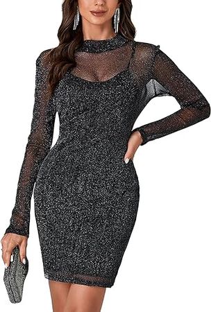 Amazon.com: Rooscier Women's Glitter Sheer Mesh 2 Piece Outfit Long Sleeve Bodycon Club Mini Dress : Clothing, Shoes & Jewelry
