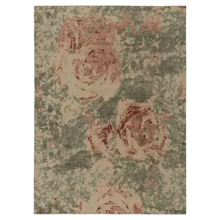 Rug and Kilim’s Distressed Style Rug in Green, Pink Abstract Expressionist Pattern For Sale at 1stDibs