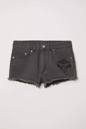 Embroidered Denim Shorts - Black