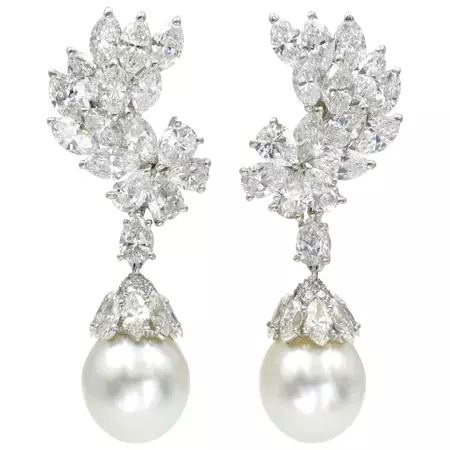 Cartier Diamond and South Sea Pearl Pendant-Earclip Earrings For Sale at 1stDibs | cartier pearl earrings, diamond and pearl earrings, cartier chandelier earrings