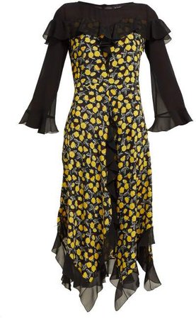 Northumberland Floral Print Silk Midi Dress - Womens - Yellow Multi