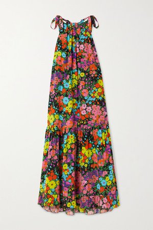 Black Tiered ruffled floral-print silk crepe de chine midi dress | Les Rêveries | NET-A-PORTER