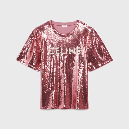 EMBROIDERED CELINE T-SHIRT IN COTTON JERSEY - ROSE MALABAR / OFF WHITE | CELINE