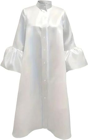 MakeMeChic Women's Plus Size Satin Silk Shirt Dress Mock Neck Button Down 3/4 Flare Sleeve Midi Dress at Amazon Women’s Clothing store