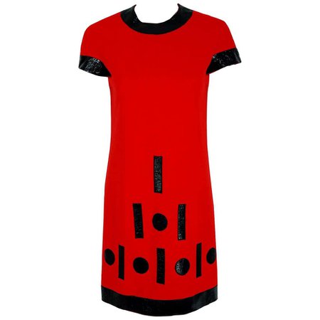1969 Pierre Cardin Documented Red Wool and Black Vinyl Space-Age Mod Dress For Sale at 1stdibs