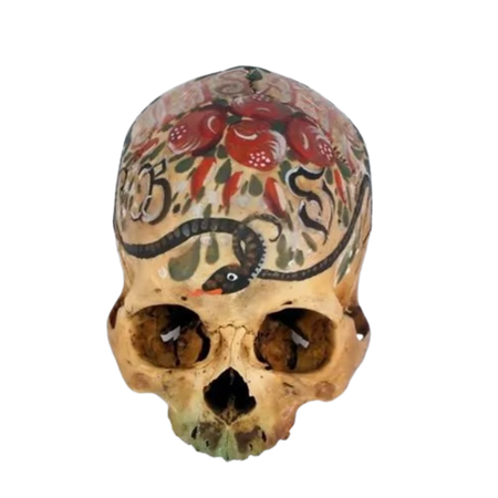 Memento Mori: painted skull with a snake motif and initials, Eastern Alps, 19th c.