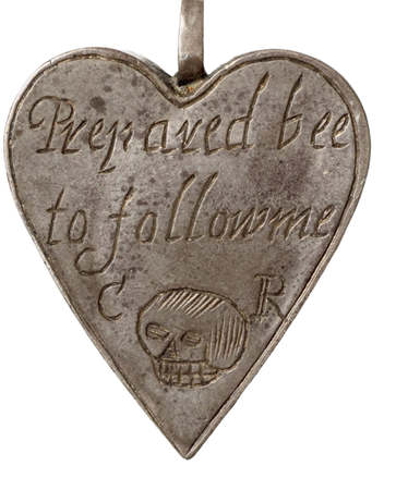 ‘Prepared bee to follow me’ Heart-shaped silver medal commemorating the death of Charles I. A skull appears between a ‘C’ and ‘R’ (Carolus Rex). Above is the message