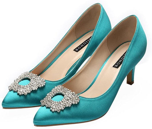 Amazon.com | ERIJUNOR E1604 Women Pumps Low Heel Rhinestone Brooch Satin Evening Dress Wedding Shoes Teal 8 | Pumps