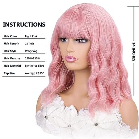 Amazon.com: ITTAYLER Pink Wig with Bangs Short Wavy Pink Wigs for Women Bob Wig 14 Inch Shoulder Length Middle Part Pastel Wig Curly Synthetic Colored Wigs for Girls Daily Cosplay Party Use : Clothing, Shoes & Jewelry