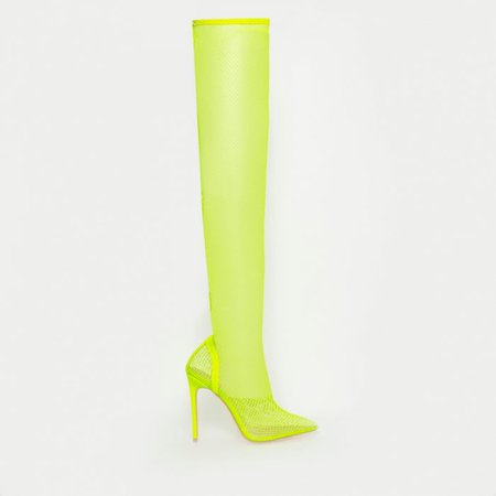 Kanya Neon Yellow Clear Fishnet Thigh High Heels