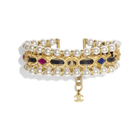 Metal, Glass Pearls, Lambskin, Strass & Resin Gold, Pearly White, Black, Crystal & Multicolor Bracelet | CHANEL