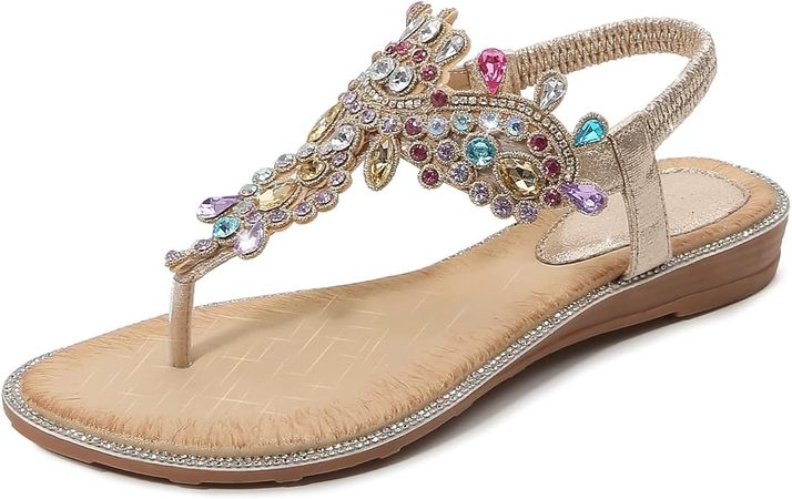 iCKER Women Rhinestone Sandals T-Strap Buckle Bohemian Pearl Crystal Flat Sandals-PD01-Gold-9 | Flats
