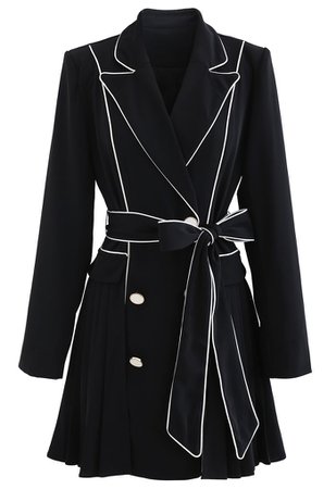 Piped Double-Breasted Pleated Blazer Dress in Black - Retro, Indie and Unique Fashion