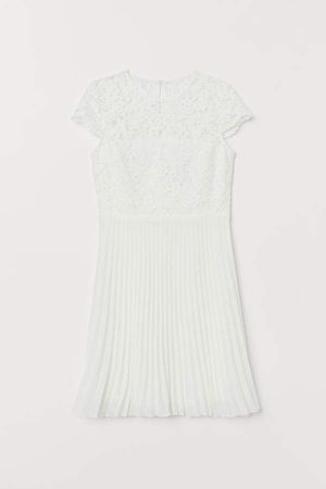 Pleated Lace Dress - White