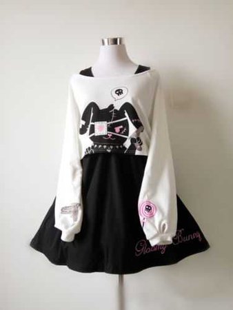 Hot Sale Harajuku Black Rabbit Printed Dress Kawaii Girl Two Pieces Dress | eBay