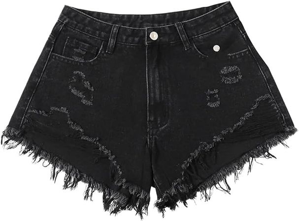 SweatyRocks Women's High Rise Zip Up Ripped Raw Hem Denim Jean Shorts with Pocket at Amazon Women’s Clothing store