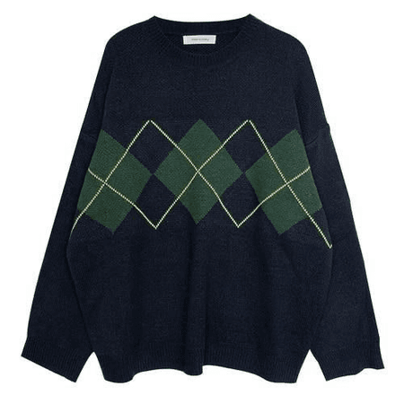 black and green argyle pattern sweater
