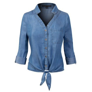 MixMatchy Women's Roll up Sleeve Button Down Chambray Denim Shirt (S-3XL) - Walmart.com