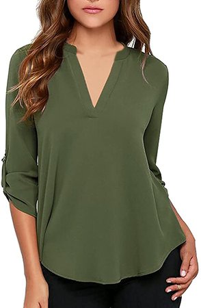 roswear Women's Casual V Neck Cuffed Sleeves Solid Chiffon Blouse Top at Amazon Women’s Clothing store