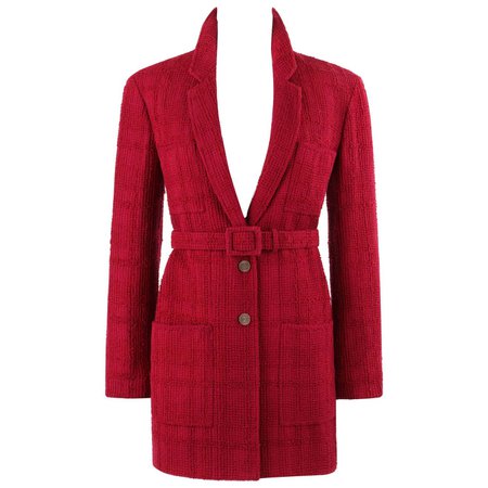 CHANEL Boutique A/W 1998 Garnet Red Plaid Boucle Wool Two Button Jacket w/ Belt For Sale at 1stDibs