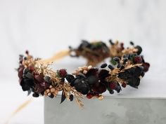 flower crown in pretty tones of black, burgundy, gold, brown and green