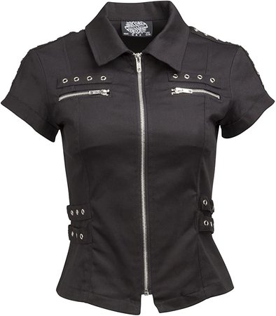 Pretty Attitude Women's Goth Black Short Sleeve Zippered and Studded Shirt with Lacing