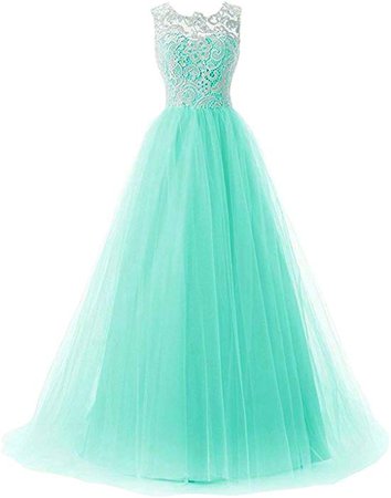 Amazon.com: OYISHA Women's Long Lace Prom Evening Dress Tulle Bridesmaid Formal Gowns AFM50 Aqua 18Plus: Clothing