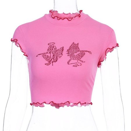 Angel and Devil Y2K Crop Top Pink Rhinestone Shirt Laitue Hem | Etsy