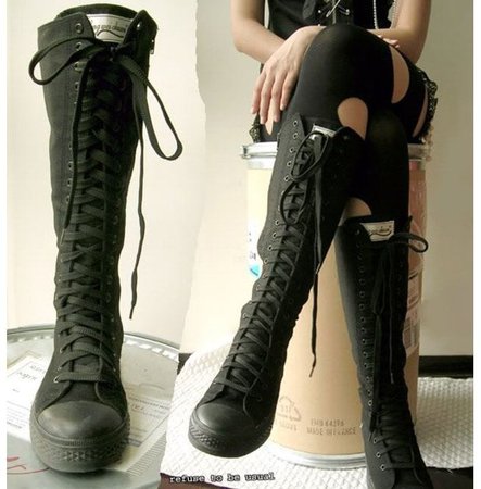 Punk Goth 20 Hole Knee High Canvas Sneaker Black Boots | RebelsMarket