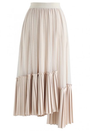 Mesh Asymmetric Hem Pleated Midi Skirt in Cream - NEW ARRIVALS - Retro, Indie and Unique Fashion