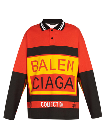 Balenciaga Men's Orange Long-sleeved Logo-print Cotton Polo Shirt