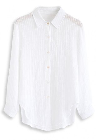 Stripe Texture Button Down Sleeves Shirt in White - NEW ARRIVALS - Retro, Indie and Unique Fashion