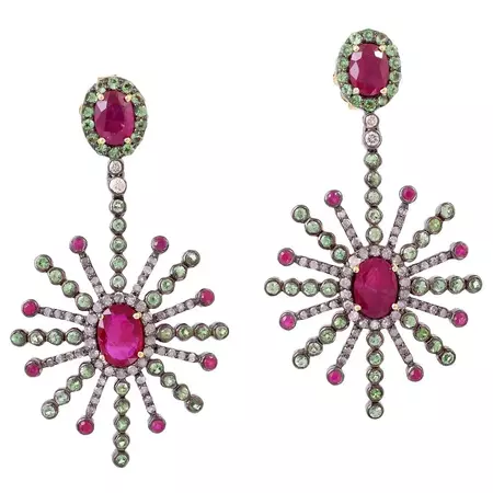 Starburst Ruby Tsavorite Diamond Earrings For Sale at 1stDibs