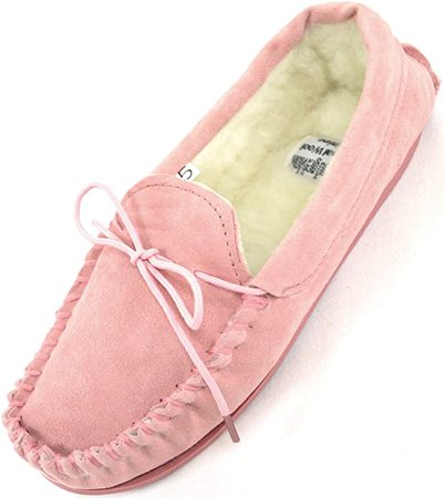 Amazon.com | Ladies/Womens Genuine Suede Leather Moccasin/Slippers with Warm Wool Lining - Pink - US 9 | Slippers