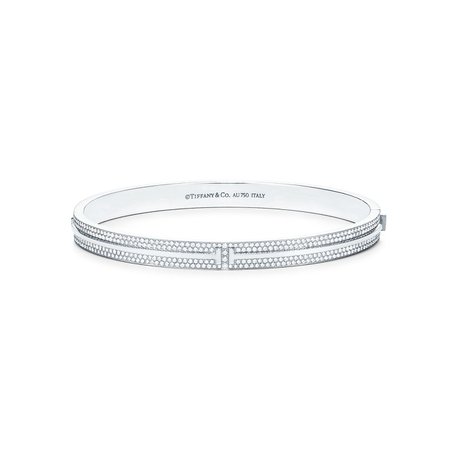 Tiffany T pavé diamond hinged bangle in 18k white gold, large. | Tiffany & Co.