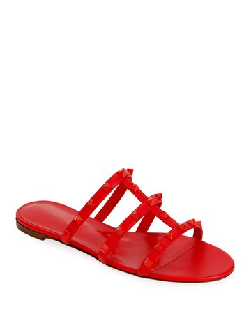 Valentino Garavani Tonal Rockstud Flat Leather Slide Sandals | Neiman Marcus