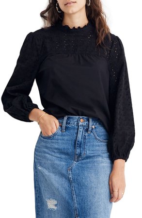 Madewell Pieced Eyelet Mock Neck Ruffle Top | Nordstrom