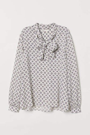 Patterned Blouse with Ties - White