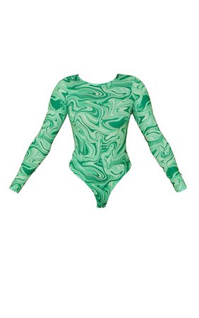 Green Swirl Print Crew Neck Long Sleeve Bodysuit | PrettyLittleThing USA