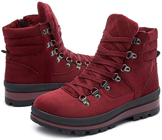 Amazon.com | Shupua Womens Winter Snow Boots Warm Ankle Boots Anti-Slip Zipper Combat Boots Fur Lined Booties(Wine Red.US9) | Ankle & Bootie