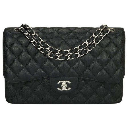 CHANEL Double Flap Jumbo Bag Black Caviar with Silver Hardware 2014 For Sale at 1stDibs