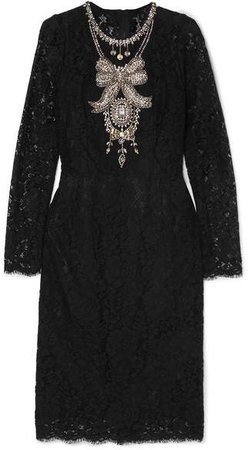 Crystal-embellished Corded Lace And Tulle Dress - Black