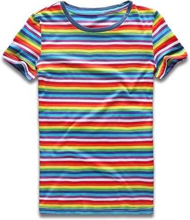 Rainbow T Shirt Women Striped Crew Neck Short Sleeve Stripes Tee Top Stripped at Amazon Women’s Clothing store