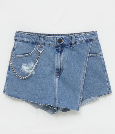 Short Saia Jeans com Corrente e Barra Desfiada Azul