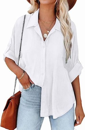 Hotouch Womens Cotton Linen Shirts Roll-Up Sleeve Button Down Collared Shirt Summer Casual Long Sleeve Loose Fit Solid Blouse at Amazon Women’s Clothing store
