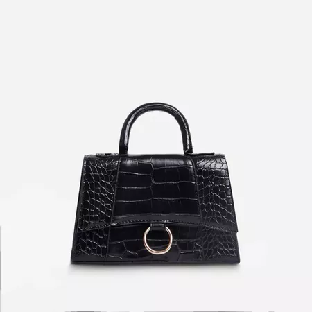 Milano Ring Detail Tote Bag In Black Croc Print Patent | EGO