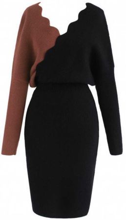 Contrast Wave Wrapped Knit Dress In Brown  $55 | CHICWISH