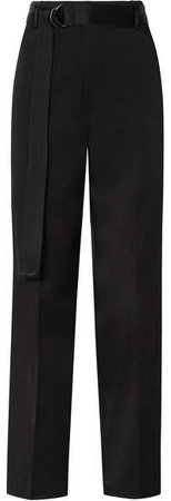 Belted Satin Wide-leg Pants - Black