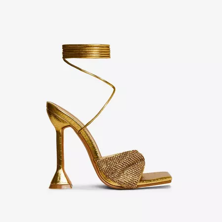 Sami Lace Up Diamante Bow Detail Square Toe Sculptured Heel In Gold Faux Leather | EGO
